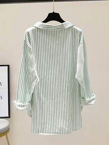 Camisa feminina casual de férias listrada patchwork de algodão bainha dobrada punho frontal costas curtas estilo longo manga comprida, primavera/verão - Verde - Ver 2