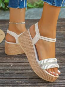 1 par de sandalias de plataforma con cuña y tiras elásticas con aplicación de cristales para adolescentes/niñas, de moda y versátiles