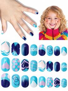 NAIO 24pcs False Nails Kids Girls Press On Short Artificial False Nails Cute Pre Glued Full Coverage Acrylic Nail Tips Set Suitable For Children Little Girls Nail Decoration (Blue Heart)