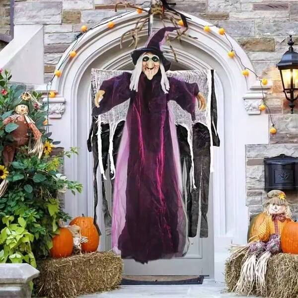 1 قطعة زينة ساحرة معلقة واقعية - ديكور منزل مسكون في ليلة الهالوين، غرفة الهروب، لاستخدام الداخلي/الخارجي، ثوب أرجواني ديكور ليلة الهالوين للداخل مرعب، مظهر مخيف، صناعة دقيقة، ديكور الحفلة