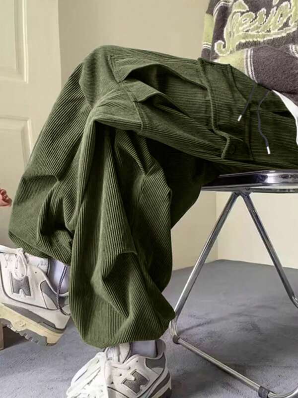 Men's Loose Wide Leg Straight Casual Corduroy Cargo Pants