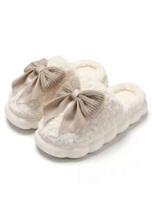 Pantofole da donna con fiocco e pelliccia, nuove per l'autunno/inverno 2025, calde e antiscivolo per interni, con suola spessa, bianche e color cachi