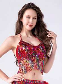 Costume da ballo del ventre con frange e paillettes, costume da cantante con schiena scoperta adatto per discoteca e bar