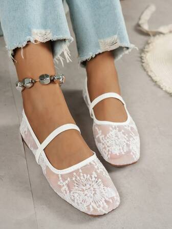 2025 秋季大码女式方头系带玫瑰图案系带平底鞋，时尚休闲户外派对透气镂空一脚蹬乐福鞋，芭蕾平底鞋，玛丽珍鞋