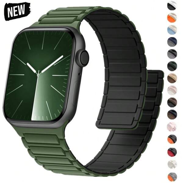 Pulseira esportiva magnética de silicone compatível com Apple Watch 38 mm 40 mm 41 mm 42 mm 44 mm 45 mm 46 mm 49 mm unissex fácil de usar S1 S2 S3 S4 S5 S6 S7 S8 S9 S10, feita compatível com Apple Watch Series 10 SE 9 8 7 6 5 4 3 2 1 Ultra 1 2 Pulseira de partículas de silicone pulseira de substituição armadura forte corrente de ferro magnético