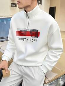 Men's Fashion Streetwear "Trust No One" Letter & Contrast Color Print Decor, Minimalist Versatile Soft Fabric, Suitable For All Seasons - White - View 2