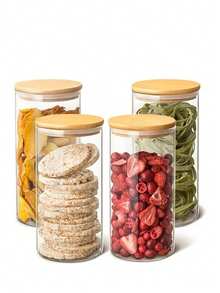 Bộ 4 hộp thủy tinh đựng thực phẩm có nắp tre, lọ thủy tinh trong suốt kín khí đựng trà, gia vị, đậu, dưa chua, có thể rửa bằng máy rửa chén - Hộp đựng mì ống cỡ lớn 1400ml - Trong sáng - Xem 2