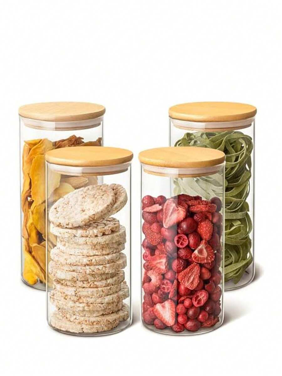 Bộ 4 hộp thủy tinh đựng thực phẩm có nắp tre, lọ thủy tinh trong suốt kín khí đựng trà, gia vị, đậu, dưa chua, có thể rửa bằng máy rửa chén - Hộp đựng mì ống cỡ lớn 1400ml