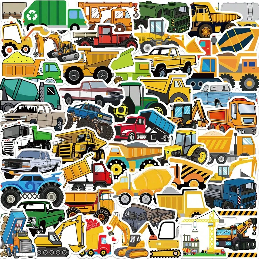 50 Pieces Of Cute Construction Vehicle Stickers - Waterproof PVC Stickers, Suitable For Laptops, Skateboards, Suitcases, Etc. - Durable, Self-Adhesive, Multi-Shape, Suitable For Winter And New Year Decoration