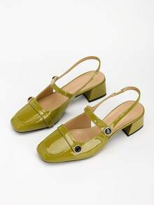 Women's Fashion Square Toe Chunky High Heel Rhinestone Buckle Slingback Pumps - Green - View 8