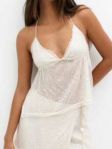 Women Sequin Halter Top Deep V Neck Sleeveless Backless Tie Up Tank Tops Y2K Sparkle Glitter Mesh See Through Camisole Party Rave Tops Streetwear - trắng - Xem 5