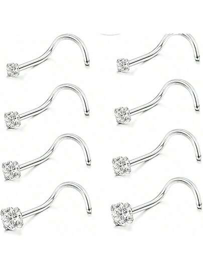 8pcs Nose Ring Earrings Stainless Steel Nose Studs Allergy Proof Bottle Opener Nose Piercing Earrings Jewelry Men And Women Silver Square Crystal Zirconia Imitation Rhinestone 1.5mm 2mm 2.5mm 3mm