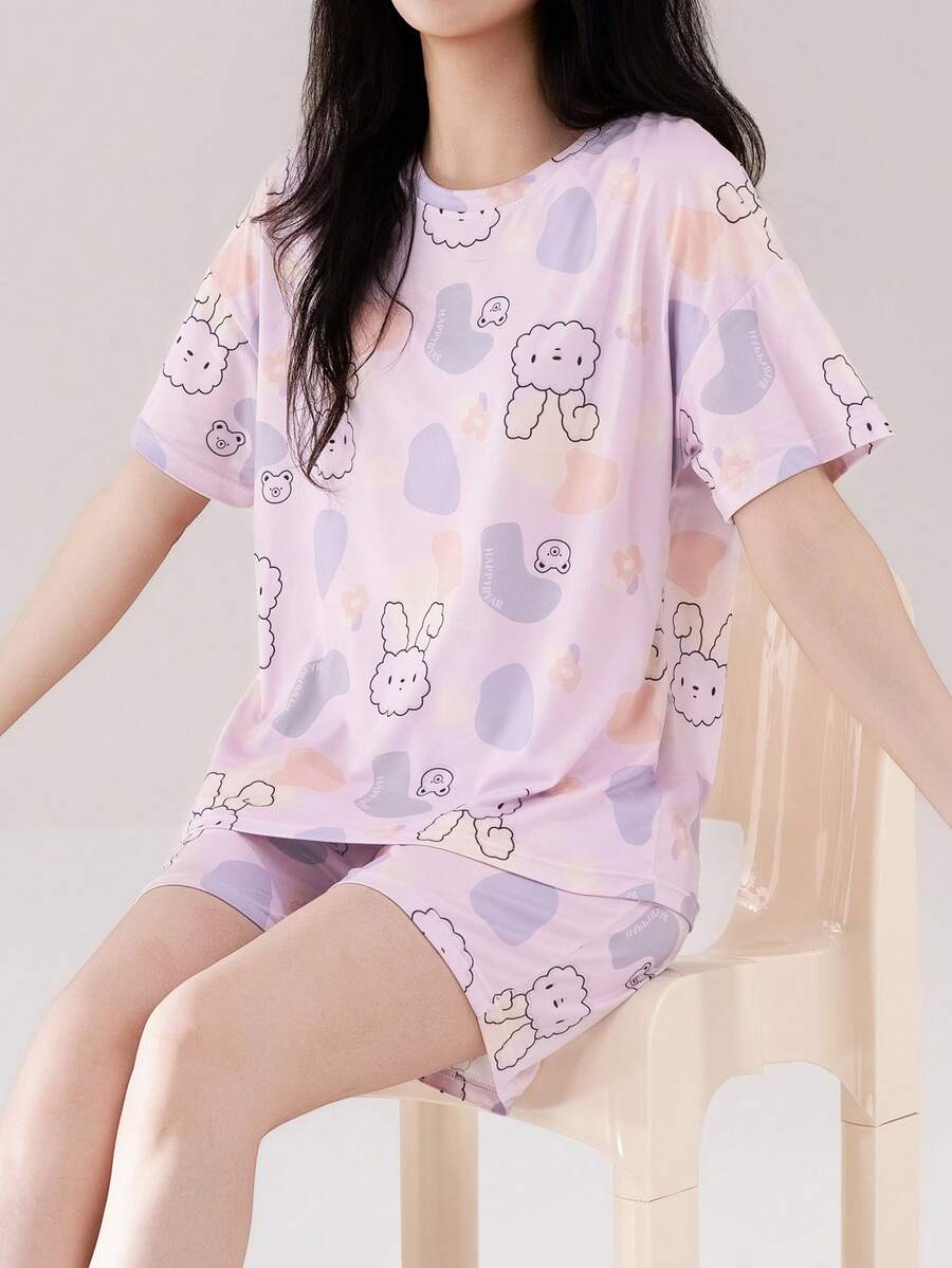 AICJ 2 件女式可爱兔子和色块印花睡衣套装，休闲短袖圆领 T 恤和口袋短裤，睡衣家居服 - 淡紫色 - 查看 1