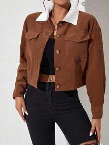 Caramel Color Corduroy Short Jacket, Contrast Color Collar Design, Fashionable Slimming Piece