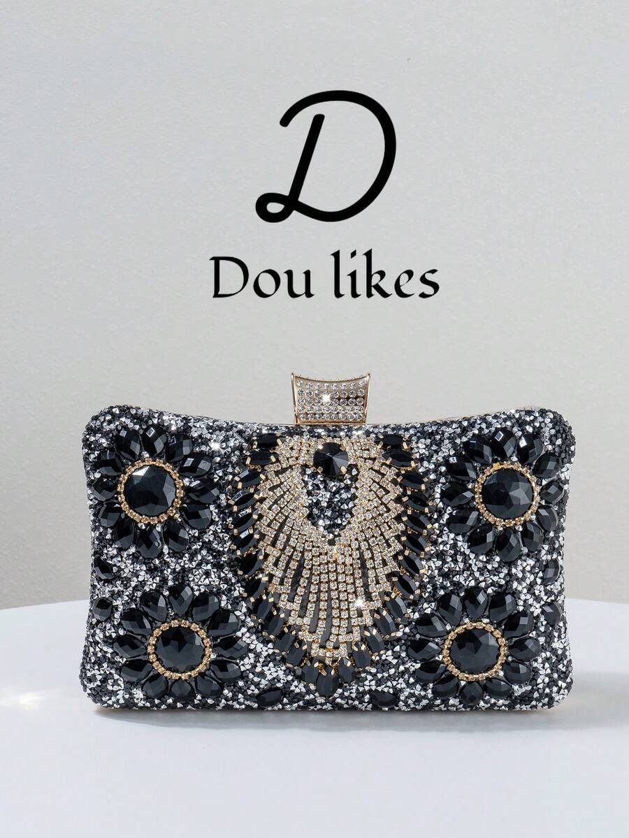 Black Rhinestone Embellished Women's Evening Bag, Featuring Elegant Chunky Pearls, Exuding A Sophisticated And Luxurious Vibe. Suitable For Formal Occasions, Cocktail Parties, Galas, And Weddings. Can Be Paired With Evening Gowns, Bridesmaid Dresses, And Accessorized With Shoulder, Crossbody, Or Chain Strap Handbags.