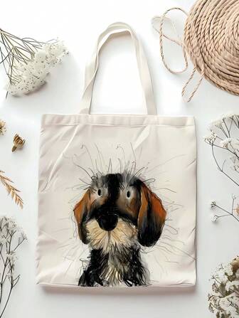 Cute Dachshund Print Canvas Tote Bag - Fashionable Double-Sided Design, Unlined, Foldable, With Fixed Shoulder Strap, Shoulder Bag, Handbag, Tote Bag, Perfect For Travel, Shopping, Storage And School, Perfect Gift For Dog Lovers, Back-To-School Season Gift, Holiday Gift Bag | Playful Dog Design | Durable Handle Bag, Gift For Dog Lovers