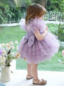 Baby Girl Bowknot Flutter Sleeve Light Purple Elegant Princess Dress, Suitable For Baby Girl's Birthday, Wedding, Party, Holiday Celebration, Formal Occasion Dress - 紫色 - 查看 7