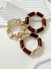3 Stücke Vintage Mehrschichtiges braunes Acryl Perlen Armband, Verwandelbares Goldchip Armband für Frauen, Paar, Party, Alltag