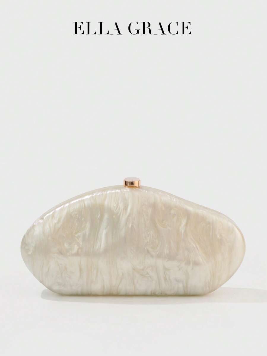 Ella Grace Mother-Of-Pearl Acrylic Clutch - Iridescent Lucite Texture, Free-Form Silhouette With Gold Lock For Galas &Parties - White - View 1