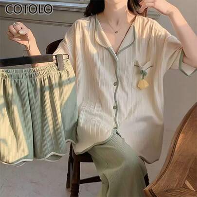 COTOLO Conjunto de Pijamas de Mujer 3 Piezas para Primavera Verano y Otoño con Estilo Dulce de Dibujos Animados Blusa de Manga Corta con Short y Pantalón Largo,pijamas de mujer,pijama,pans de mujer,pijamas