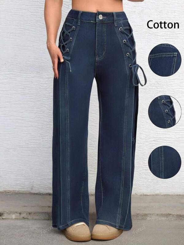 Denim Blue Raw Fabric Tie-Up Design Women's Straight-Leg Work Pants