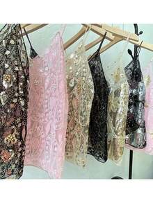 Women Y2K Sequin Cami Top Deep V Neck Mesh Crop Tops See Through Straps Tank Cute Sparkle Backless Low Cut Summer Crop Tops - 黑色 - 查看 5