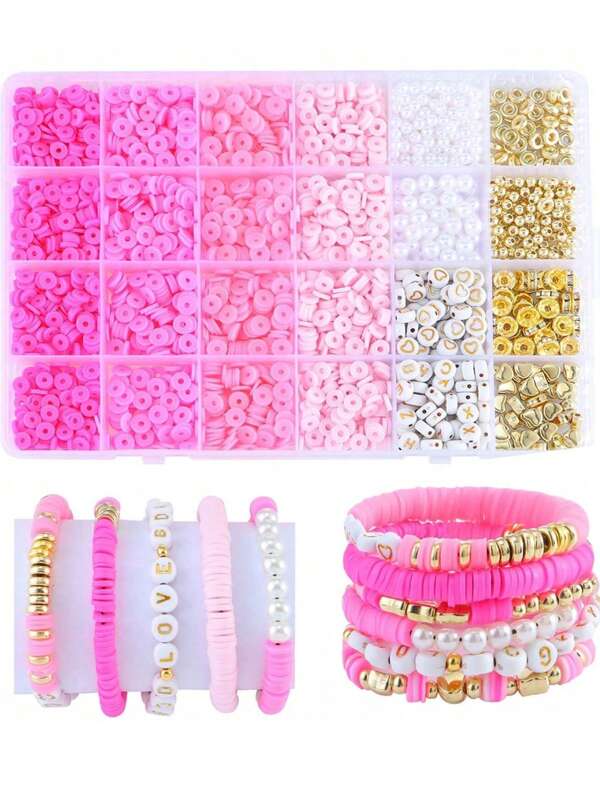 2400pcs/Kit Clay Bead Set Valentine's Day Pink Style For DIY Bracelet Making Kit With Pearl Letter Ccb Beads Mixed Color Polymer Clay Bead Flat Beads DIY Bracelet Jewelry Making Set