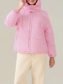 Women's Devil Horn Puffer Jacket Winter Warm Quilted Coat Long Sleeve Zip Up Outwear With Hood - 粉色 - 查看 4