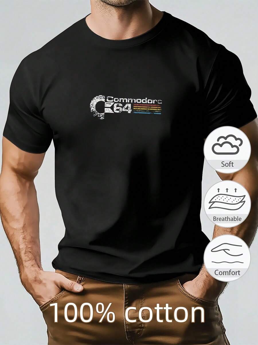 Camiseta de Verano Casual de Manga Corta con Gráfico Commodore 64 para Hombre - Negro - Ver 1