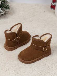 1 Pair Unisex Plain Color Button Decor Slip-On Snow Boots, Comfortable Anti-Slip Soft Sole Walking Shoes For Boys And Girls, Fleece Lined Thick Plush Winter Outdoor Ankle Boot, Suitable For Autumn/Winter