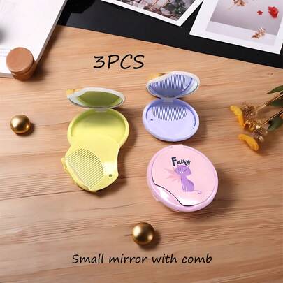 3pcs Cartoon Mini Flip-Top Comb & Mirror Set, Cute Compact Folding Makeup Mirror, Portable & Convenient