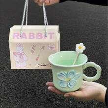 1 件 13.38 盎司花卉图案陶瓷杯（带咖啡勺），大容量独特创意陶瓷杯，情侣杯，优质早餐牛奶杯，家用水/咖啡杯，节日礼物 - 彩色 - 查看 9