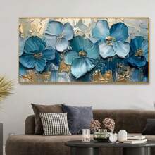 1 peça de pintura a óleo em tela com flores azuis, fundo abstrato com enfeites de flores azuis. Adequado para sala de estar, quarto, escritório, bar, decoração de parede de hotel, pôster floral moderno, decoração de casa, artes de parede em estilo moderno, pôsteres sem moldura.
