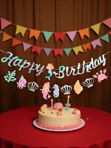 2 包汽车熊男孩生日派对装饰英文烫印彩旗美人鱼主题生日快乐横幅 - 美人鱼主题横幅，用于儿童生日派对装饰纸花环装饰，生日快乐横幅和悬挂漩涡，适合女孩和男孩、迎婴派对、海底派对用品 - 彩色 - 查看 4