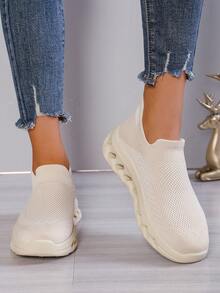 Women's Casual Sneakers, Simple Versatile Style, Woven Breathable Slip-On, Comfortable Anti-Slip Chunky Sole Walking Shoes - Khaki - View 2