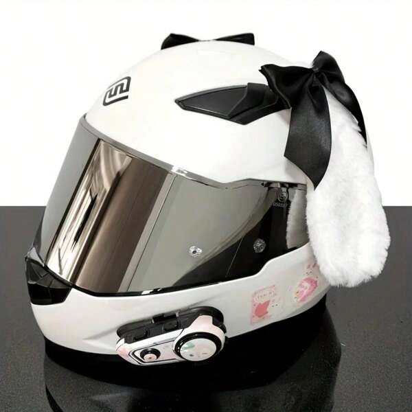 2pcs Motorcycle Helmet Accessories - White Rabbit Ears, Black Bow, Polyester Fiber, One Size, Suitable For Men And Women