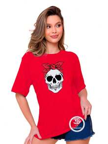 Women's Skull Bow Blouse T-Shirt 100% Cotton Mesh Premium Line - White - View 8