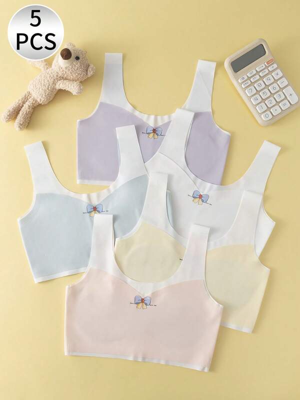 Set de 5 piezas de ropa interior de niñas multicolor, sujetadores escolares para estudiantes, camiseta deportiva casual sin deslizamiento y sin transparencia, para el verano