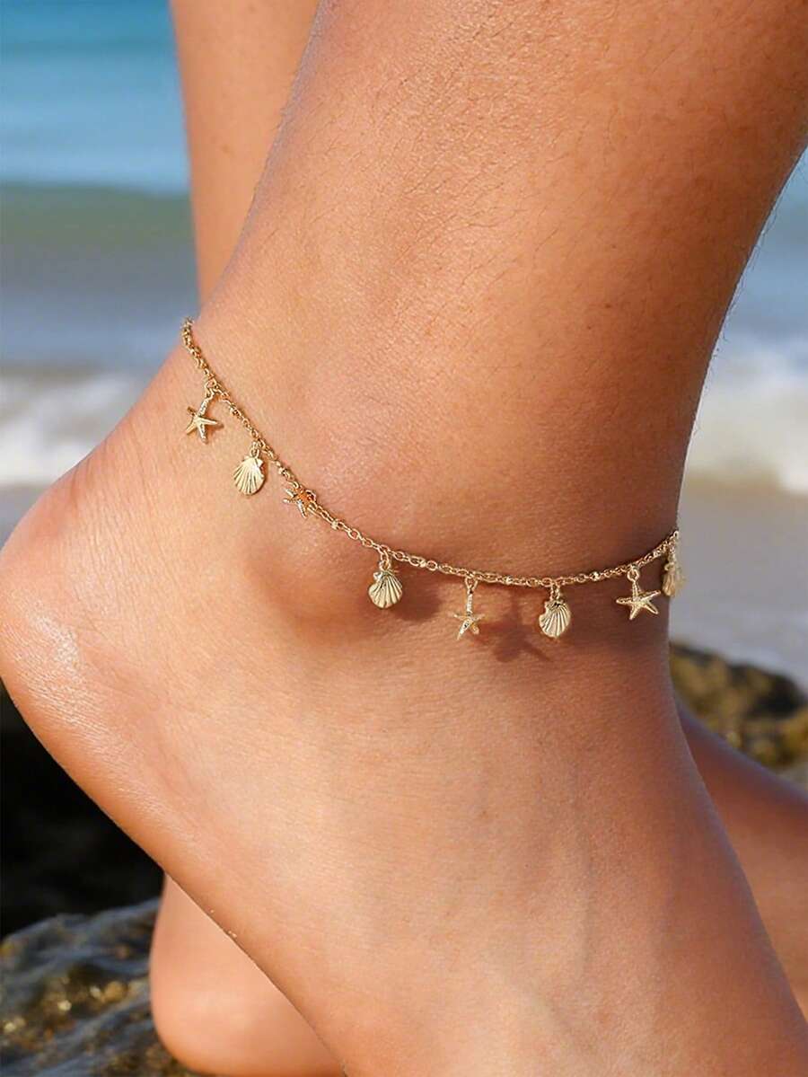 Charm-In 1 حبة سوار كاحل مزين بنجمة وقوقعة انيق، سلسلة كاحل مطلية بالنحاس الذهبي، إكسسوار شاطئ عصري للسيدات، هدية مثالية للصديقة - ذهبي أصفر - مشاهدة 1