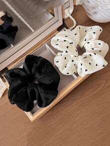 2 件心形和圆点图案缎面发圈，流行独特多功能发饰，发髻夹，马尾辫夹，发圈，发绳，发球 - 彩色 - 查看 5