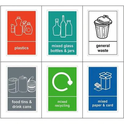Mixed Pack Of 6 Multi Recycling Stickers For Bin (A6-100 X 150mm) Waterproof Recycling Bin Stickers Waste Bins, Food, Plastics, Mixed Paper And Card, Glass And General Waste Sara Prints®