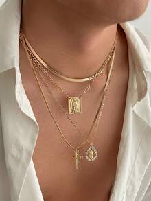 4pcs Vintage Chic Geometric Metal Cross Pendant Necklace Set, Multilayer Charm Necklaces For Men - Yellow Gold - View 6
