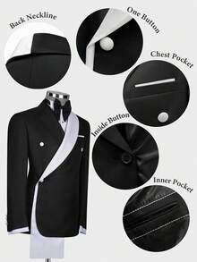 Men's Black And White Color-Blocked 2-Piece Suit Set, Unique Design Lapel, Slim Fit Blazer And Pants, Ideal For Weddings, Galas, And Formal Events - 黑色 - 查看 4