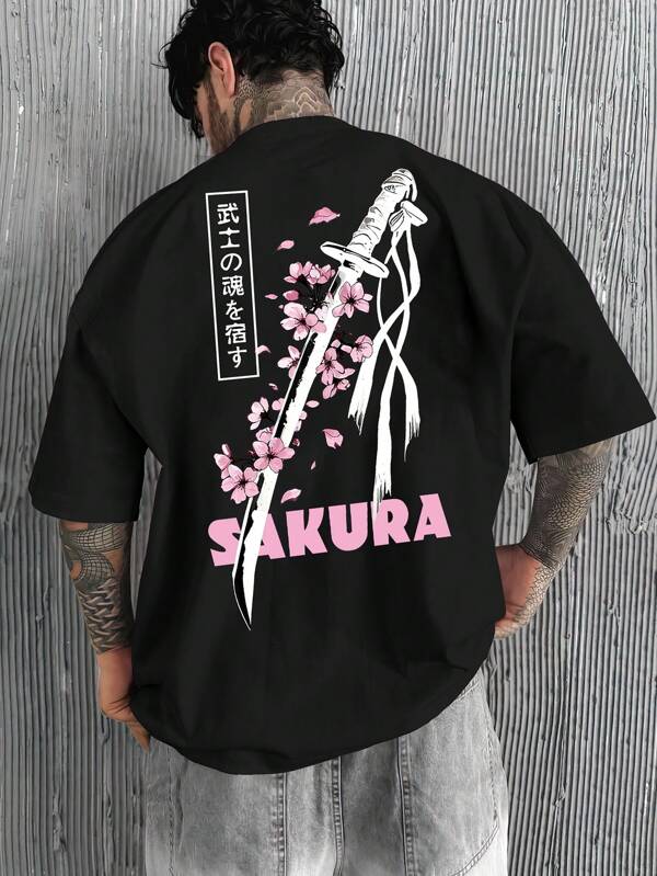 Men's Casual Sword & Cherry Blossom Graphic Print Loose Fit Round Neck T-Shirt, Black