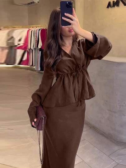2pcs/Set Elegant Drawstring Waist Ruffle Hem Top And Long Skirt Suit - Autumn Women's 2 Pieces Set, Elegant & Fashionable, Coffee Brown, Winter Clothing, Christmas Outfit, New Year Outfit, Elegant Party Set, Elegant Ladies Suit, Casual Wear, Resort Wear, Summer Resort Wear, Brown