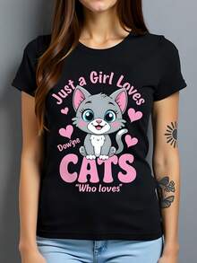 Camiseta de Mujer Adulta, 180g de Algodón, Negro, Cuello Redondo, Manga Corta con Impresión "Solo una Chica que Ama los Gatos", Diseño Divertido y Juvenil, Ideal para Amantes de los Felinos, Ropa Casual y Estilo Original. - Negro - Ver 1