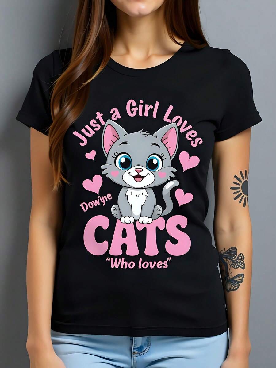 Camiseta de Mujer Adulta, 180g de Algodón, Negro, Cuello Redondo, Manga Corta con Impresión "Solo una Chica que Ama los Gatos", Diseño Divertido y Juvenil, Ideal para Amantes de los Felinos, Ropa Casual y Estilo Original. - Negro - Ver 1