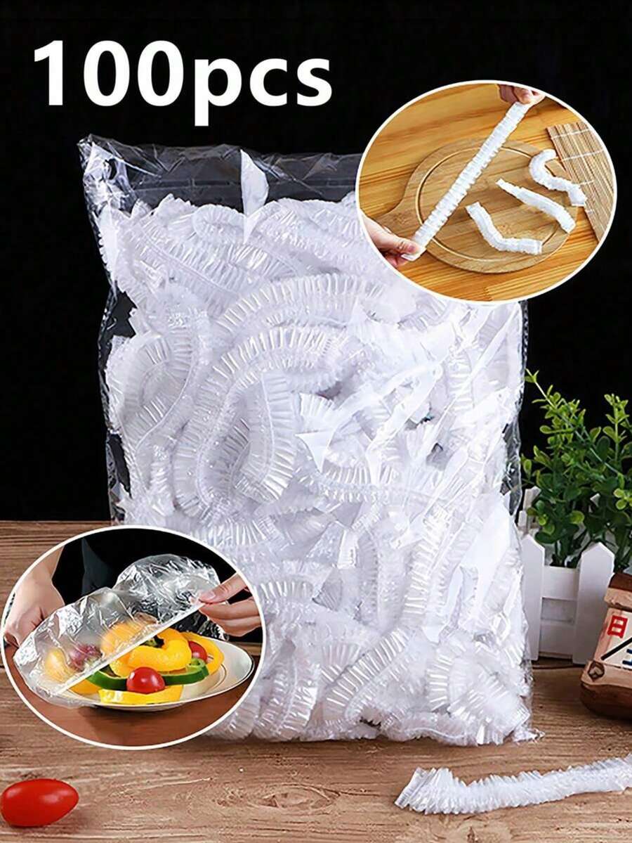 100pcs Reusable Elastic Food Storage Covers - Transparent Stretch Plastic Bowl And Plate Sealing Film, Perfect Replacement For Aluminum Foil And Wrapping Paper - White - View 1