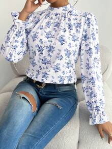 Áo cánh dài tay thanh lịch họa tiết hoa xanh kiểu Pháp dành cho nữ, mùa thu - Màu xanh lam - Xem 7