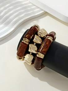 3 Stücke Vintage Mehrschichtiges braunes Acryl Perlen Armband, Verwandelbares Goldchip Armband für Frauen, Paar, Party, Alltag